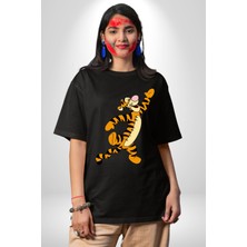 Angemiel Tigger Pamuklu Bisiklet Yaka Kadın Erkek Oversize Boyfriend Dijital Baskılı Siyah T-Shirt