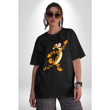 Angemiel Tigger Pamuklu Bisiklet Yaka Kadın Erkek Oversize Boyfriend Dijital Baskılı Siyah T-Shirt