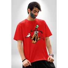 Angemiel Goofy Özel Tasarım Pamuklu Bisiklet Yaka Kadın Erkek Oversize Boyfriend Dijital Baskılı Kırmızı T-Shirt