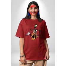 Angemiel Goofy Özel Tasarım Pamuklu Bisiklet Yaka Kadın Erkek Oversize Boyfriend Dijital Baskılı Kırmızı T-Shirt