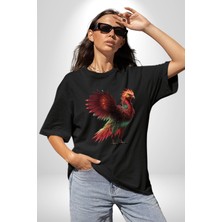 Angemiel Anka Kuşu Ateş Kuşu Pamuklu Bisiklet Yaka Kadın Erkek Oversize Boyfriend Dijital Baskılı Siyah T-Shirt