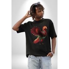 Angemiel Anka Kuşu Ateş Kuşu Pamuklu Bisiklet Yaka Kadın Erkek Oversize Boyfriend Dijital Baskılı Siyah T-Shirt