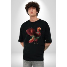 Angemiel Anka Kuşu Ateş Kuşu Pamuklu Bisiklet Yaka Kadın Erkek Oversize Boyfriend Dijital Baskılı Siyah T-Shirt