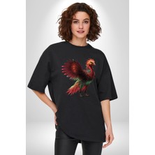 Angemiel Anka Kuşu Ateş Kuşu Pamuklu Bisiklet Yaka Kadın Erkek Oversize Boyfriend Dijital Baskılı Siyah T-Shirt