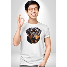 Angemiel Rottweiler Kafası Kadın Erkek Unisex Beyaz Organik Baskılı T-Shirt Penye Yüksek Kalite