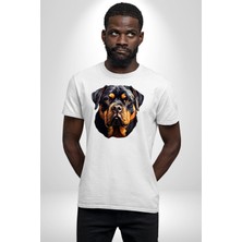 Angemiel Rottweiler Kafası Kadın Erkek Unisex Beyaz Organik Baskılı T-Shirt Penye Yüksek Kalite