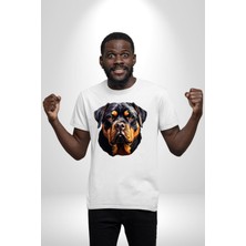 Angemiel Rottweiler Kafası Kadın Erkek Unisex Beyaz Organik Baskılı T-Shirt Penye Yüksek Kalite