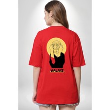 Angemiel Yalnız Kadına Şiddete Hayır Kırmızı Oversize Kadın Erkek Ön ve Sırt Baskılı T-Shirt