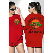 Neopolis Miyagi-Do Karete Çocuk Logo Dizi Bonzai Ağaç Kırmızı Oversize Kadın Erkek Ön ve Sırt Baskılı T-Shirt