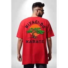 Neopolis Miyagi-Do Karete Çocuk Logo Dizi Bonzai Ağaç Kırmızı Oversize Kadın Erkek Ön ve Sırt Baskılı T-Shirt