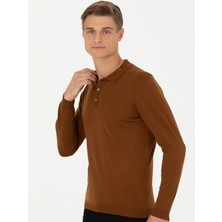 Cacharel Erkek Kahverengi Slim Fit Polo Yaka Basic Triko Kazak 50270169-VR029