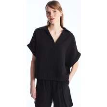 LC Waikiki Lcw Vision Polo Yaka Düz Kısa Kollu Oversize Kadın Bluz
