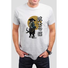 T-35 Samurai Kedi Baskılı Beyaz Unisex Tişört C412