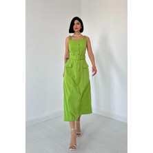 Elbee Fashion Woman Yeşil Lastik Askılı ve Kemerli Elbise