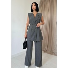 Elbee Fashion Woman Gri Düğmeli Yelek ve Pantolon Takım