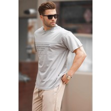 Madmext Boyalı Gri Oversize Bisiklet Yaka Baskılı Erkek Tişört 7018