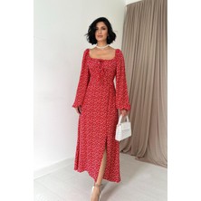 Elbee Fashion Woman Kırmızı Yırtmaçlı Viskon Elbise
