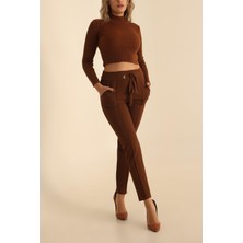 Vio Shine Kadın Beli Bağlamalı Yüksek Bel Kuş Gözü Pantolon