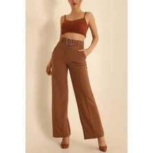 Vio Shine Kadın Kemerli Palazzo Yüksek Bel Ispanyol Paça Pantolon