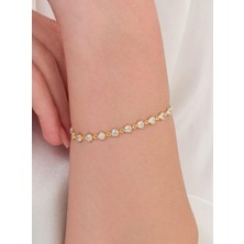 TMT Silver Gümüş Altın Kaplama Kalpli Beyaz Zirkon Taşlı Sıralı Su Yolu Bileklik