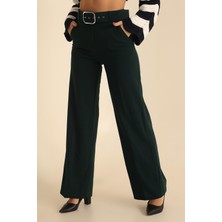 Vio Shine Kadın Kemerli Palazzo Yüksek Bel Ispanyol Paça Pantolon