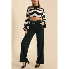 Vio Shine Kadın Kemerli Palazzo Yüksek Bel Ispanyol Paça Pantolon