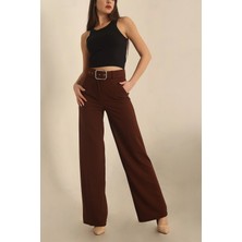 Vio Shine Kadın Kemerli Palazzo Yüksek Bel Ispanyol Paça Pantolon