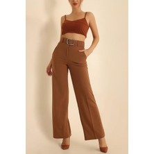 Vio Shine Kadın Kemerli Palazzo Yüksek Bel Ispanyol Paça Pantolon