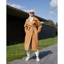 Vio Shine  Kadın Kruveza Yaka Kuşaklı Kot Trençkot