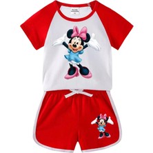 Derin Bebe Neşeli Bebeklerimiz Fare Baskılı Kısa Kollu Kız Penye Şortlu Takım Kırmızı
