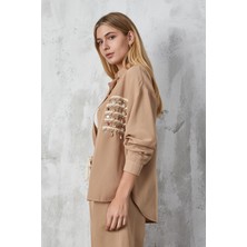 Minaaise Camel Aksesuarlı Oversize Keten Gömlek 27079
