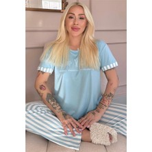 Pijama Evi Mavi Positive Desenli Bambu Kısa Kol Kadın Pijama Takımı