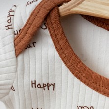 Babejix Happy Smile Bear Yazı Tasarımlı Badi ve Tarçın Renk Pantolonlu  % 100 Pamuklu Unisex 2’li Bebek Takımı