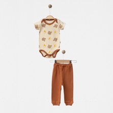 Babejix Sevimli Ayıcık Tasarımlı Badi ve Tarçın Renk Pantolonlu  % 100 Pamuklu Unisex 2’li Bebek Takımı