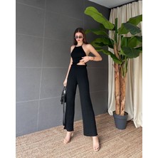 Moda Wiser Kadın Fitilli Boyundan ve Belden Bağlamalı Kolsuz Bluz Pantolon Ikili Takım Siyah