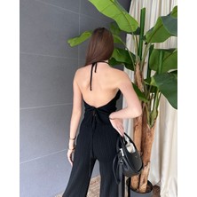 Moda Wiser Kadın Fitilli Boyundan ve Belden Bağlamalı Kolsuz Bluz Pantolon Ikili Takım Siyah