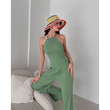 Moda Wiser Kadın Fitilli Boyundan ve Belden Bağlamalı Kolsuz Bluz Pantolon Ikili Takım Yeşil