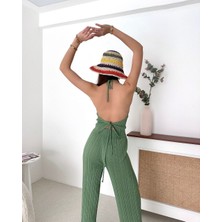 Moda Wiser Kadın Fitilli Boyundan ve Belden Bağlamalı Kolsuz Bluz Pantolon Ikili Takım Yeşil