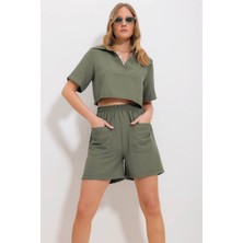 Moda Wiser Kadın V Yaka Keten Bluz Şort Ikili Takım Yeşil