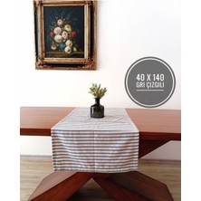 Home Art Atelier Hand Made Gri Çizgili Organik Pamuk Keten Runner 40X140