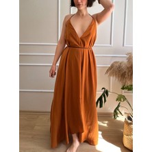 Nidi Store Çok Derin Dekolteli Deri Kordonlu Asimetrik Boy Elbise