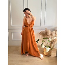 Nidi Store Çok Derin Dekolteli Deri Kordonlu Asimetrik Boy Elbise