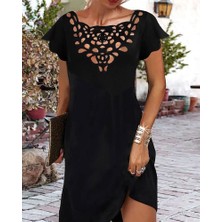 Stock Mount Kadın Kısa Kollu Yaka Lazer Kesim Sandy Elbise