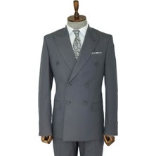 Wessi Geniş Sivri Yakalı Çizgili Desenli Slim Fit Gri Erkek Kruvaze Takım Elbise - Wessi