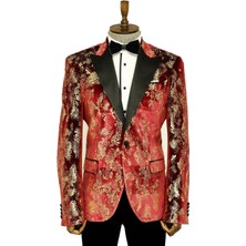 Wessi Dik Yaka Slim Fit Altın Desenli Bordo Balo Ceket - Wessi