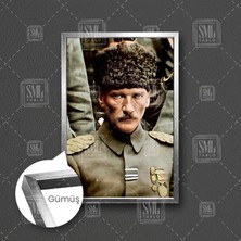 SML Tablo Mustafa Kemal Atatürk Askeri Üniforma Karizma Çerçeveli Dikey Kanvas Tablo