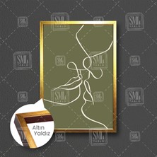 SML Tablo Çizgisel Ilüstrasyon Öpüşen Çift Boho Art Lıne Yeşil Çerçeveli Dikey Kanvas Tablo