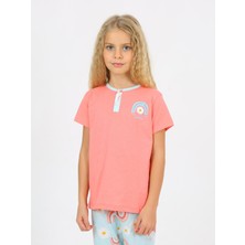 Vitmo Kız Çocuk Kısa Kollu  Pamuklu Düğme Detaylı Rainbow Pijama Takımı