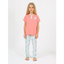 Vitmo Kız Çocuk Kısa Kollu  Pamuklu Düğme Detaylı Rainbow Pijama Takımı