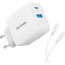 Ricomm 65W Gan Usb-C + Usb-A Şarj Aleti Apple & Samsung iPhone Macbook Uyumlu Hızlı Şarj Cihazı + 2mt 100W Type-C Kablo